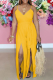 Yellow Casual Solid Tassel Spaghetti Strap Loose Jumpsuits