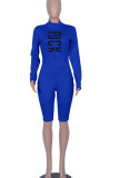 Blue Sportswear Letter Print Patchwork Zipper Collar Skinny Rompers