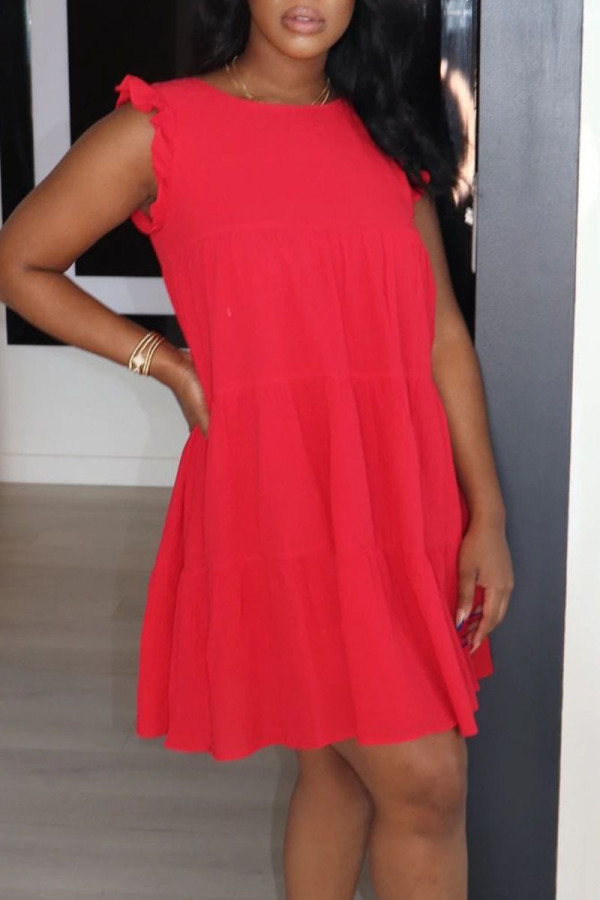 Red Sweet Solid Patchwork Flounce O Neck A Line Dresses