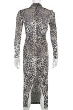 Black White Sexy Print Hollowed Out Patchwork Slit V Neck Pencil Skirt Dresses