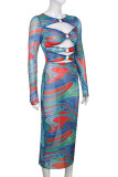 Blue Sexy Print Hollowed Out Patchwork Metal Accessories Decoration O Neck Pencil Skirt Dresses