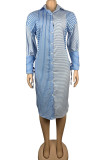 Blue Casual Striped Print Patchwork Buckle Turndown Collar Shirt Dress Dresses