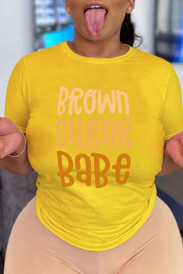 Yellow Casual Print Patchwork O Neck T-Shirts