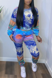 Blue Sexy Print Patchwork O Neck Long Sleeve Two Pieces
