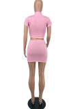 Pink Sexy Casual Solid Basic Zipper Collar Short Sleeve Two Pieces