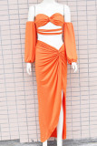 Tangerine Sexy Solid Hollowed Out Patchwork Asymmetrical Strapless Long Sleeve Two Pieces