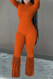 Orange Sexy Solid Tassel V Neck Skinny Jumpsuits