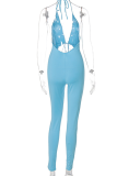 Blue Sexy Solid Hollowed Out Halter Skinny Jumpsuits