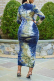 Multicolor Fashion Casual Tie Dye Printing O Neck Long Sleeve Dresses