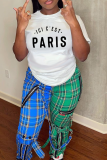 White Casual Print Patchwork O Neck T-Shirts