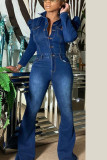 Black Sexy Denim Solid Buttons Turndown Collar Skinny Jumpsuits