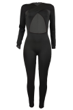Black Sexy Solid Patchwork V Neck Skinny Jumpsuits