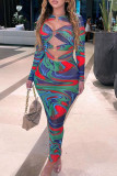 Blue Sexy Print Hollowed Out Patchwork Metal Accessories Decoration O Neck Pencil Skirt Dresses