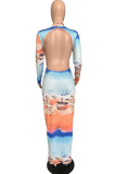 Multicolor Sexy Print Backless Half A Turtleneck Pencil Skirt Dresses