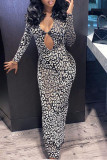 Black White Sexy Print Hollowed Out Patchwork Slit V Neck Pencil Skirt Dresses