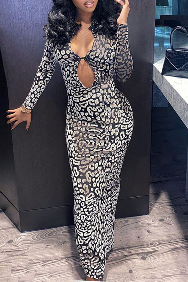 Black White Sexy Print Hollowed Out Patchwork Slit V Neck Pencil Skirt Dresses