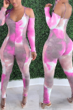 Pink Sexy Patchwork Tie-dye Spaghetti Strap Skinny Jumpsuits