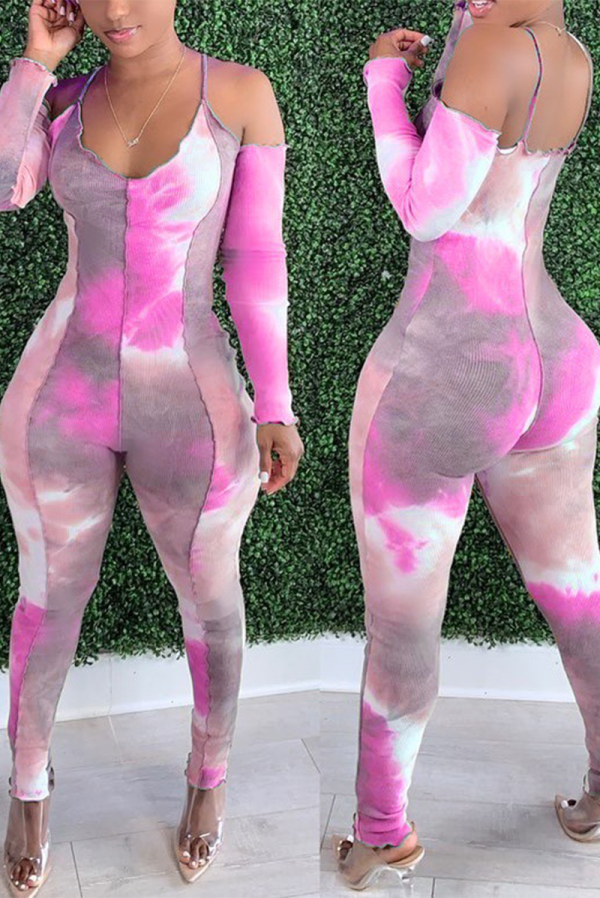 Rose Red Sexy Patchwork Tie-dye Spaghetti Strap Skinny Jumpsuits
