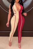 Red Sexy Casual Patchwork Basic Zipper Collar Skinny Jumpsuits