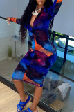 Multicolor Sexy Print Patchwork Fold Zipper Collar Long Sleeve Dresses