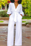 White Casual Solid Patchwork Buttons Without Belt V Neck Straight Jumpsuits