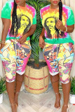 Multicolor Casual Print Patchwork O Neck Short Sleeve Two Pieces