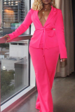 Rose Red Casual Solid Patchwork Turndown Collar Long Sleeve Two Pieces