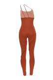 Red Fashion Sexy Solid Backless One Shoulder Skinny Jumpsuits