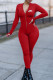 Red Fashion Casual Print Basic Zipper Collar Skinny Jumpsuits