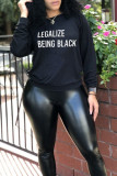 Black Fashion Casual Letter Print Basic O Neck Tops
