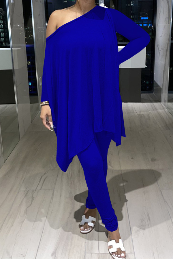 Royal Blue Fashion Casual Solid Asymmetrical Oblique Collar Long Sleeve Two Pieces