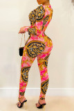 Multicolor Fashion Casual Print Basic V Neck Skinny Jumpsuits