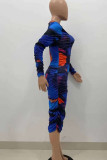 Multicolor Sexy Print Patchwork Fold Zipper Collar Long Sleeve Dresses