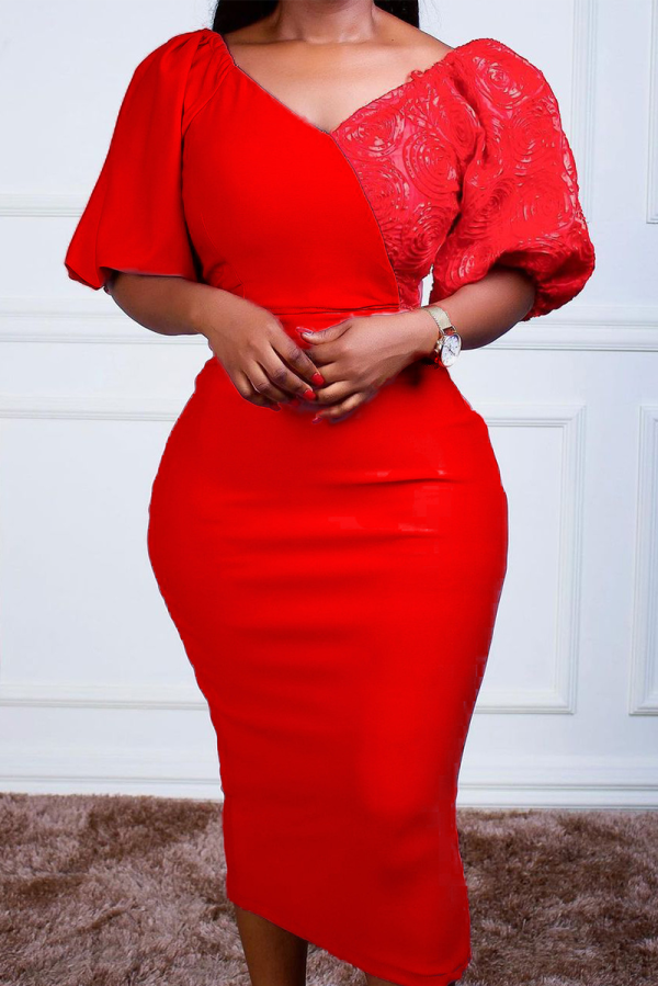 Red Casual Solid Patchwork V Neck Pencil Skirt Dresses