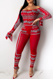 Red Sexy Print Patchwork Off the Shoulder Long Sleeve Two Pieces