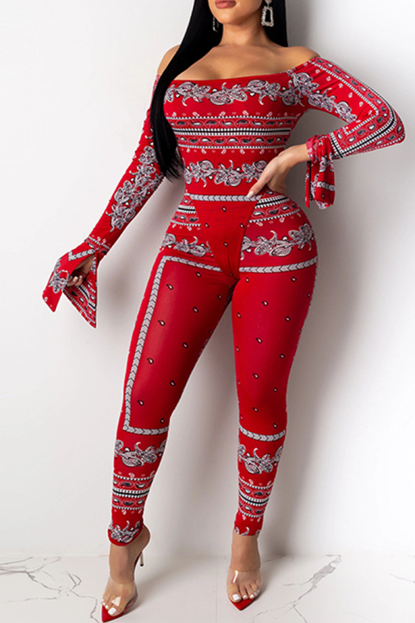 Red Sexy Print Patchwork Off the Shoulder Long Sleeve Two Pieces