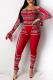 Red Sexy Print Patchwork Off the Shoulder Long Sleeve Two Pieces