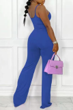 Baby Blue Casual Solid Patchwork Spaghetti Strap Straight Jumpsuits