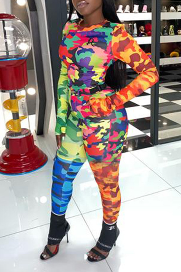 Colour Sexy Camouflage Print Patchwork O Neck Long Sleeve Two Pieces