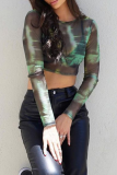 Green Sexy Print Patchwork O Neck Tops
