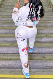 White Fashion Casual Print Basic Hooded Collar Long Sleeve Two Pieces