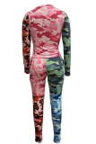 Colour Sexy Camouflage Print Patchwork O Neck Long Sleeve Two Pieces