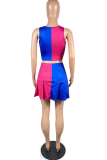 Rose Red Casual Print Patchwork O Neck Sleeveless Two Pieces