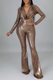 Brown Fashion Sexy Solid Patchwork V Neck Long Sleeve Two Pieces
