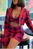 Red Casual Plaid Print Patchwork Turn-back Collar Long Sleeve Three Pieces