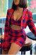 Red Casual Plaid Print Patchwork Turn-back Collar Long Sleeve Three Pieces