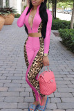 Pink Casual Print Patchwork Zipper Collar Long Sleeve Two Pieces