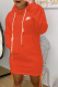 Tangerine Red Casual Print Draw String Hooded Collar Straight Dresses