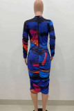 Multicolor Sexy Print Patchwork Fold Zipper Collar Long Sleeve Dresses