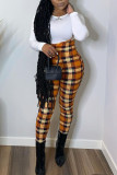 Tangerine Red Casual Plaid Print Patchwork O Neck Long Sleeve Two Pieces